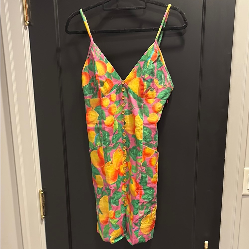 Peach Print mini Dress with button pockets nwt Anthropologie farm Rio xsmall nwt